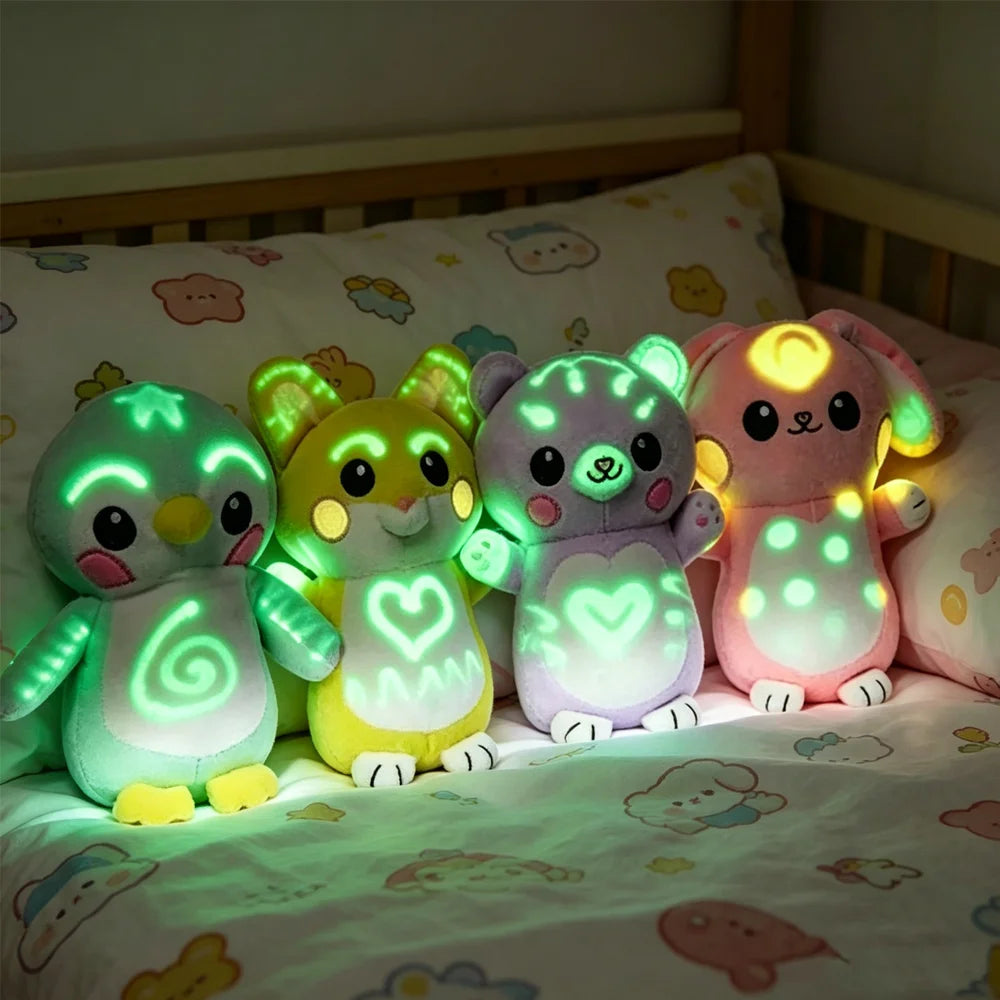 A collection of glowing plush dolls in various colors, including green, yellow, purple, and pink, resting on a bed.