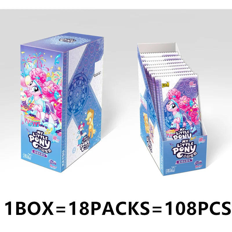 A box of My Little Pony Friendship Cards with themed pouches, showing 18 packs totaling 108 pieces.