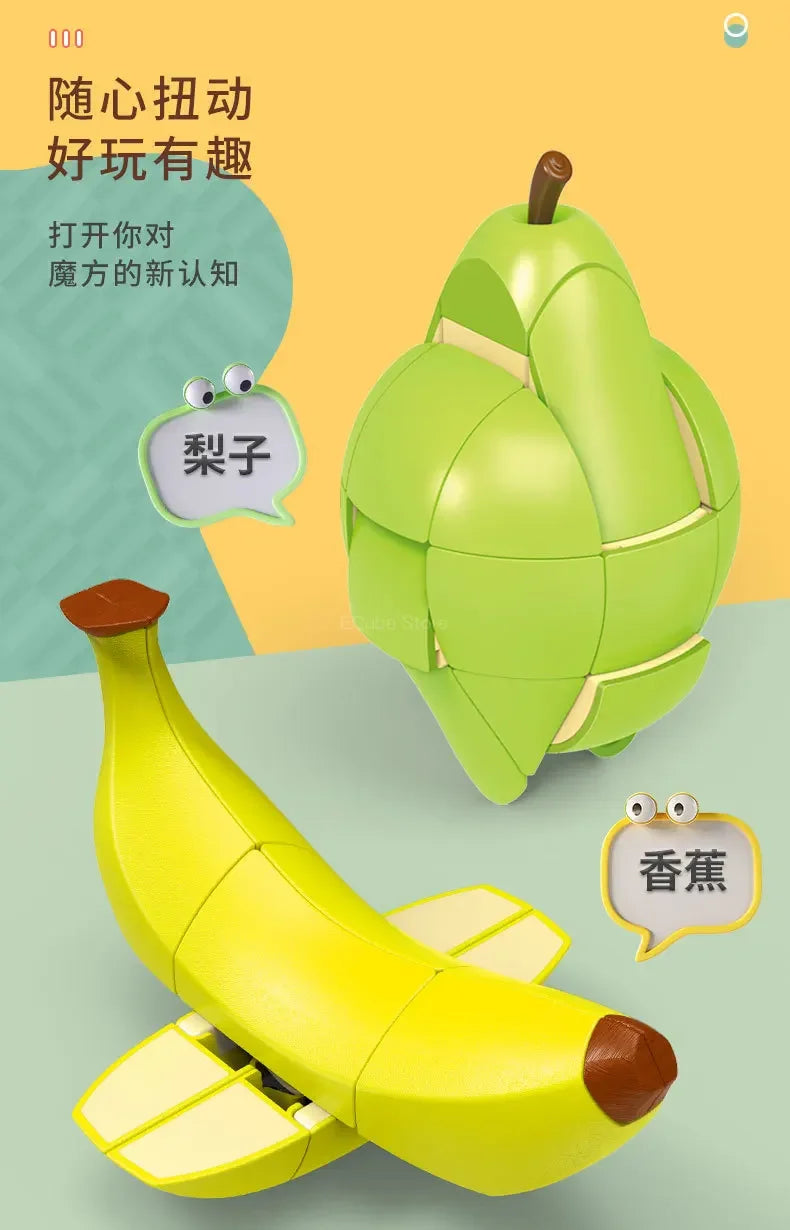 A green fruit-shaped puzzle cube and a yellow banana puzzle cube are shown with speech bubbles indicating new information.