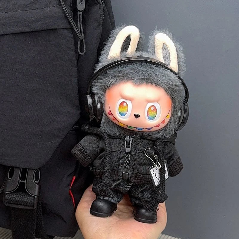 Labubu doll outfit set featuring a black bear hoodie with headphones and a playful face