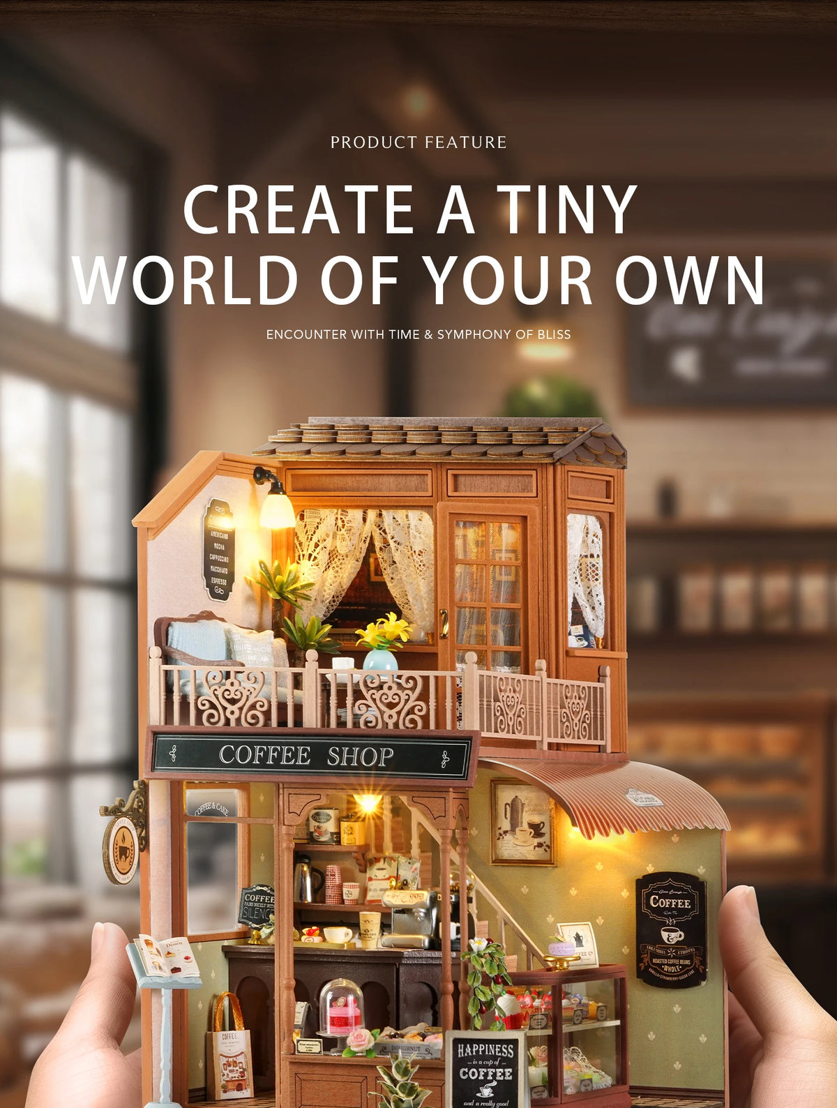 A wooden miniature dollhouse kit with LED lighting is being held, featuring a detailed shop facade and balcony.