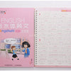 A pink spiral notebook titled English Hengshui for handwriting practice with illustrations of children.