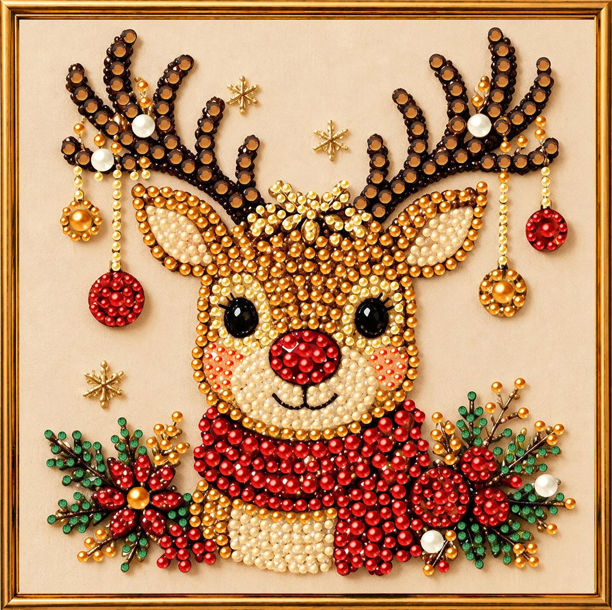 Diamond painting of a deer head with antlers and a red floral collar surrounded by gold beads
