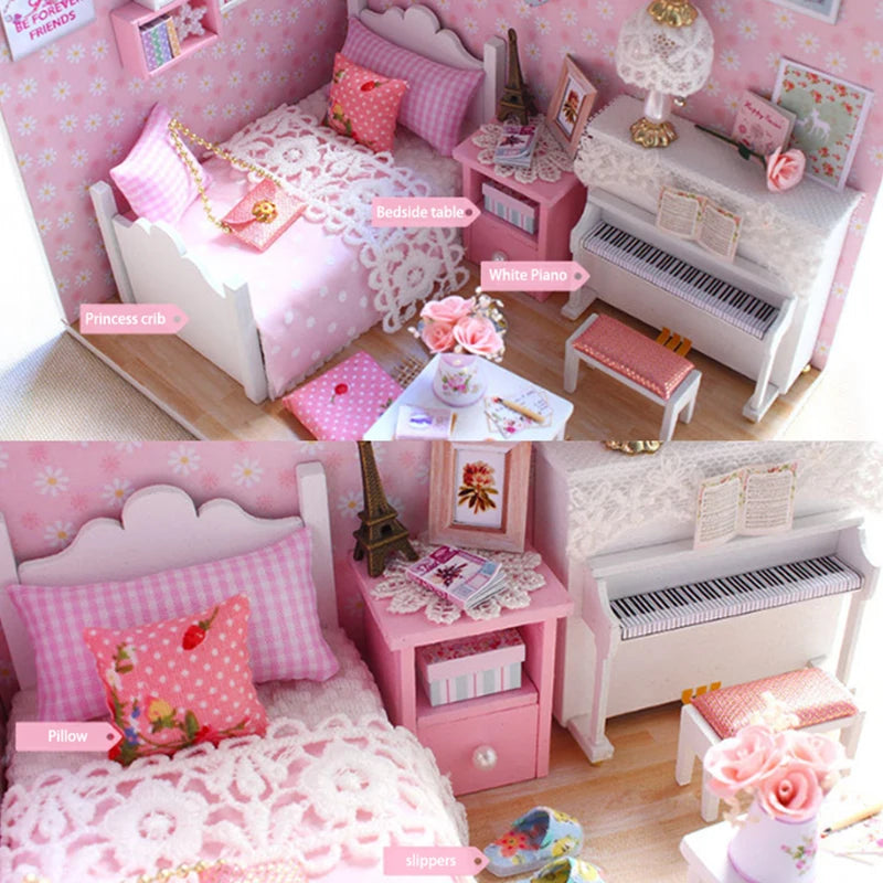 A pink and white miniature dollhouse setup featuring a princess crib, bed, piano, and furniture pieces.