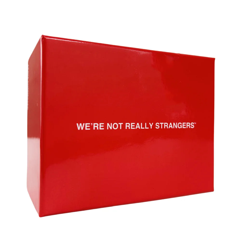A red rectangular box for the We're Not Really Strangers interactive conversation card game.