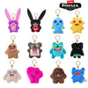 A collection of nine colorful plush monster keychains featuring various animal designs like rabbits, bears, and other quirky 