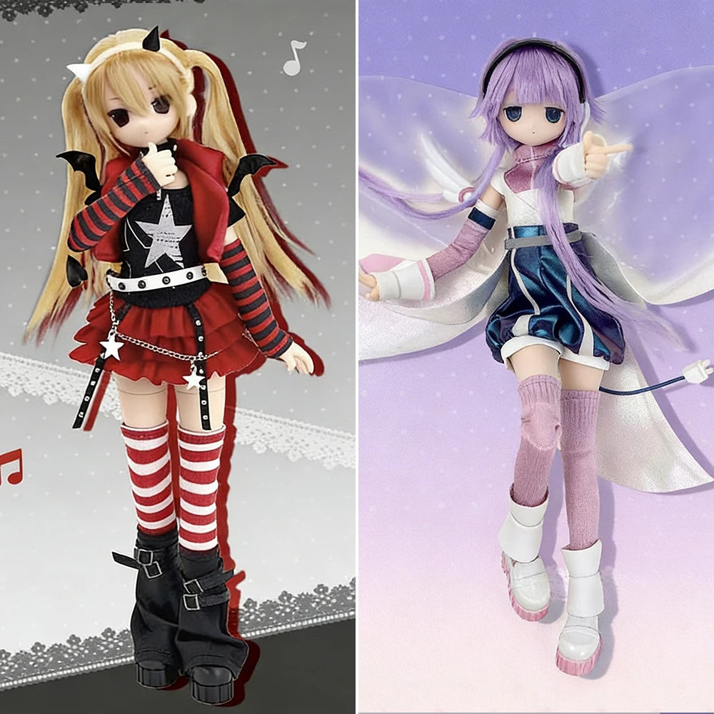 A pair of anime-style BJD dolls, one blonde and one purple, dressed in detailed street style outfits.