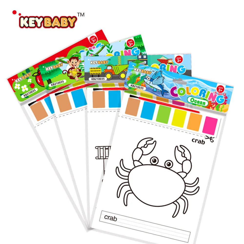 A set of KeyBaby painting and coloring activity cards featuring sea creatures like a crab.
