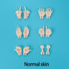 A collection of pale pink silicone hands demonstrating various gestures and forms of normal skin texture.