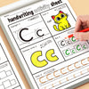 A page from a handwriting activity sheet showing tracing and writing exercises for the letter C and cat drawing.