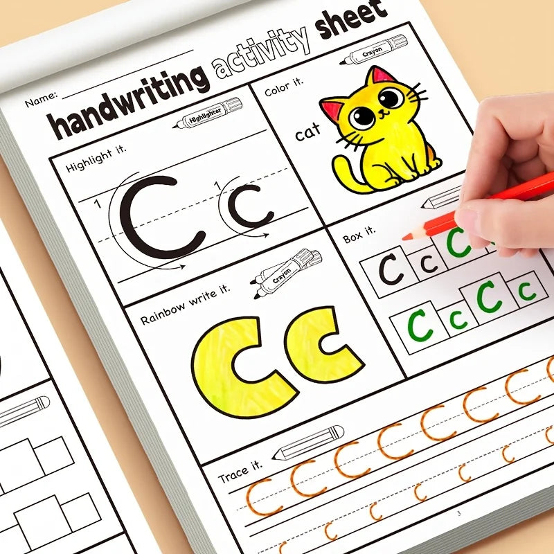 A page from a handwriting activity sheet showing tracing and writing exercises for the letter C and cat drawing.
