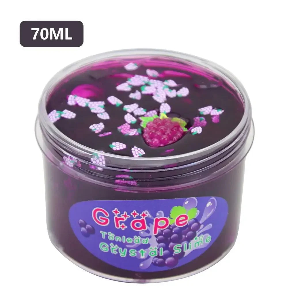 A jar of purple grape slime putty with small pink glitter pieces inside.