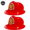 A bright red firefighter helmet for kids with a yellow and red emblem.