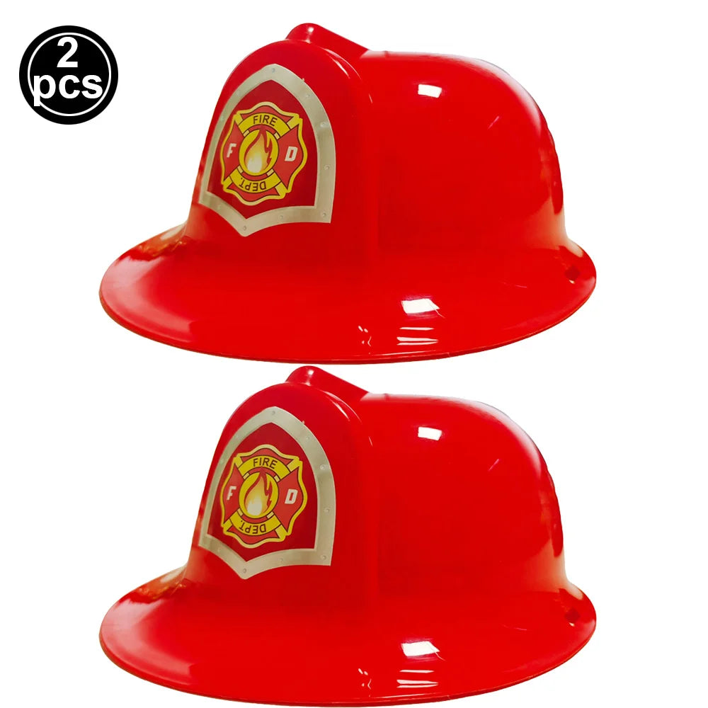 A bright red firefighter helmet for kids with a yellow and red emblem.