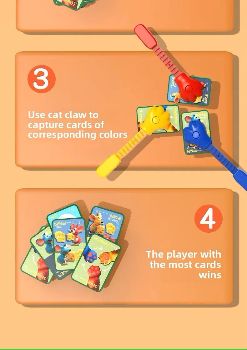 A board game setup showing a player using a cat claw to capture colored cards, with other cards visible.