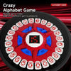 A close-up view of a red and white alphabet game featuring numerous letter tiles arranged in a circular pattern.