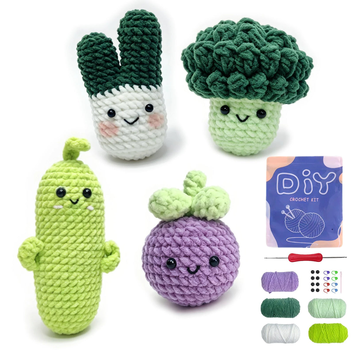 A set of seven crocheted green and purple amigurumi animals including a cactus, broccoli, and other cute figures.