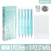 A set of five mint green pens and ten stainless steel refills for quick drying ink.