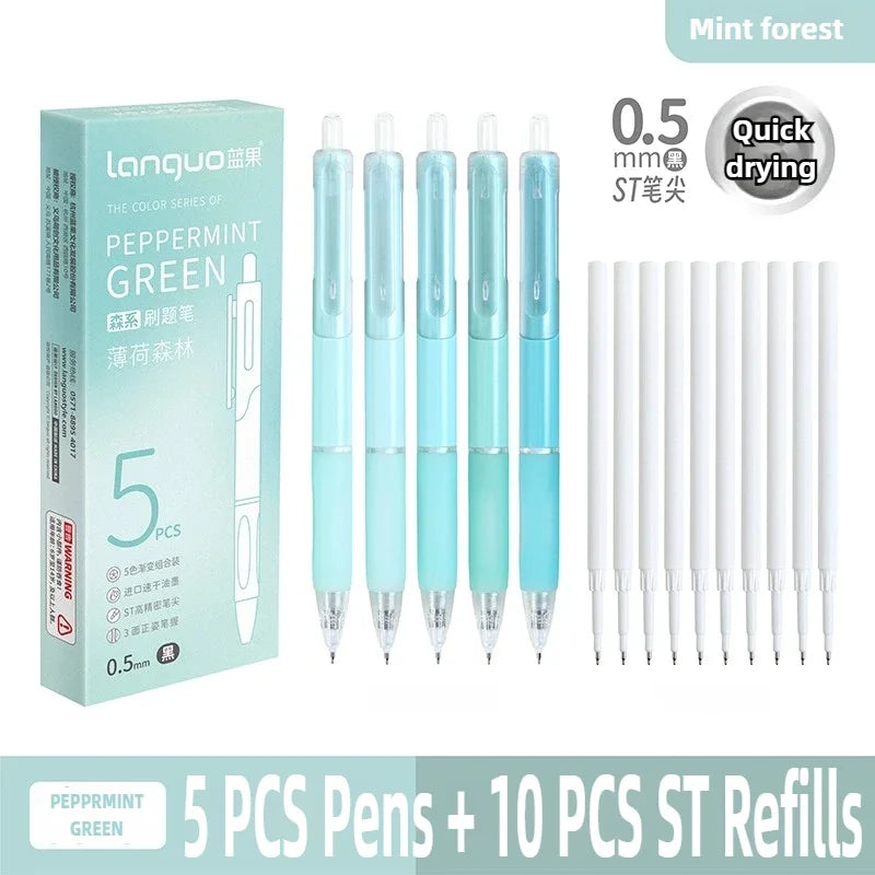 A set of five mint green pens and ten stainless steel refills for quick drying ink.