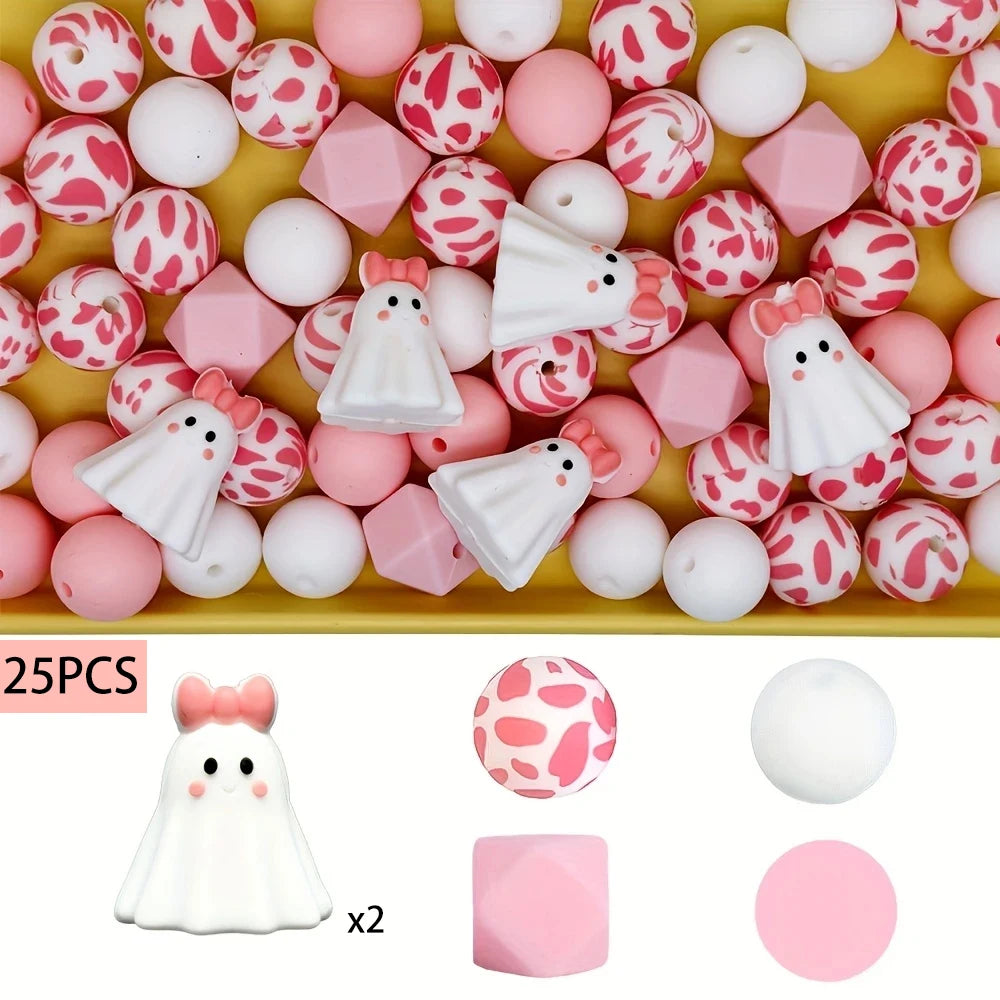 A set of 25 silicone beads in pink and white colors for jewelry and crafting, including various shapes like spheres and teard