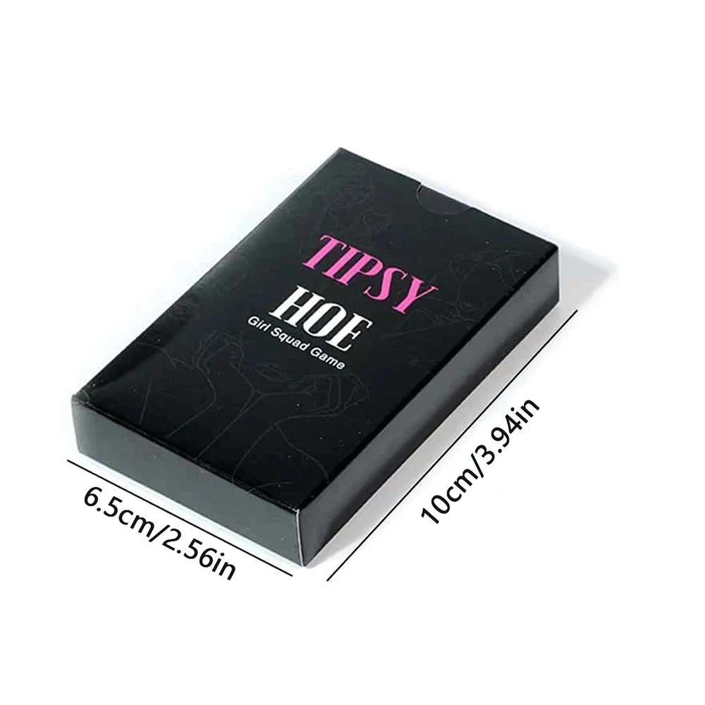 A black box for the Tipsy Hoe game with pink text and dimensions marked.