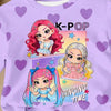 A purple girls' two-piece summer set featuring K-Pop themed graphics and heart prints.