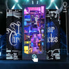 A vertical display of a Cyberpunk Endless Dimensions DIY Wooden Book Nook Kit featuring glowing blue and purple lights.
