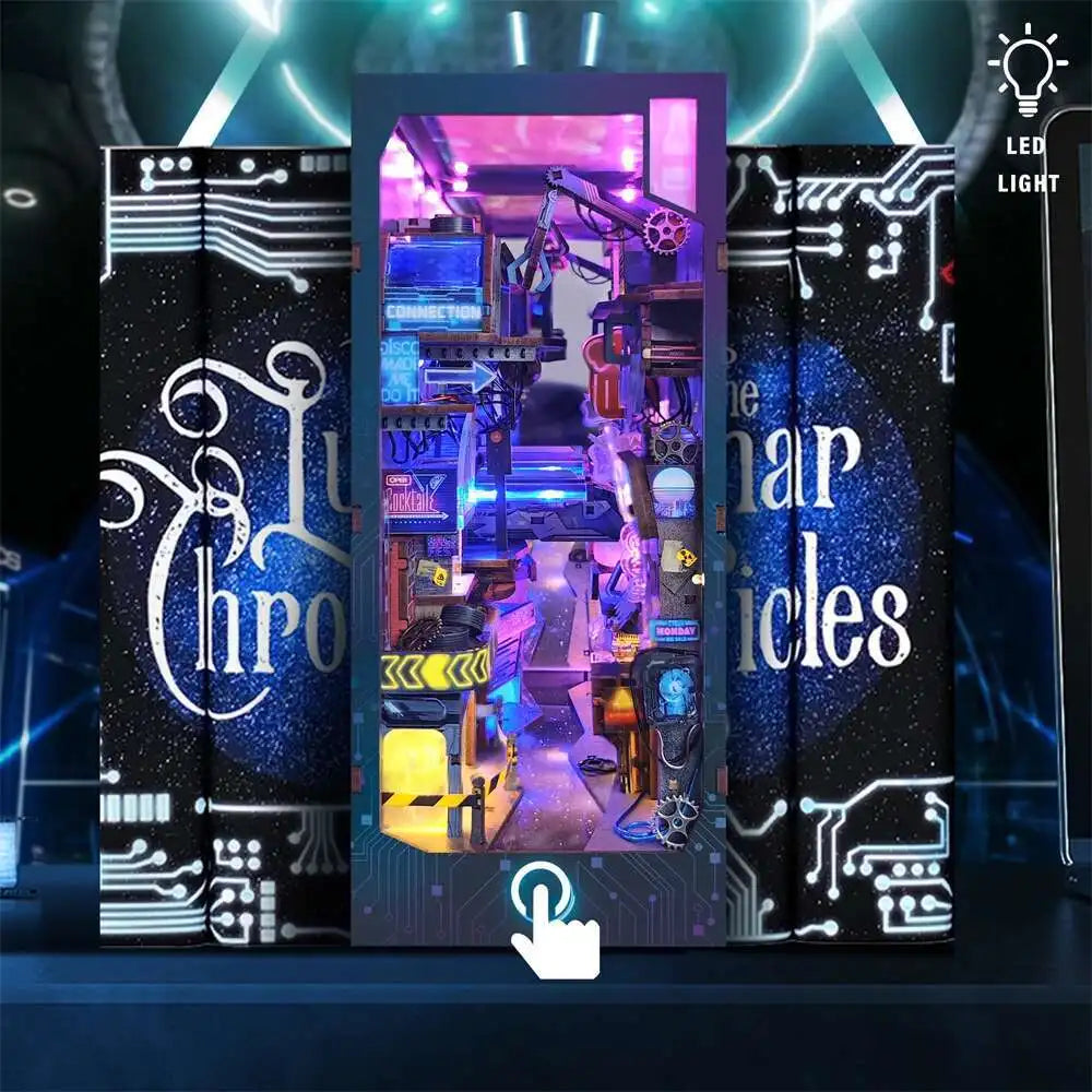 A vertical display of a Cyberpunk Endless Dimensions DIY Wooden Book Nook Kit featuring glowing blue and purple lights.
