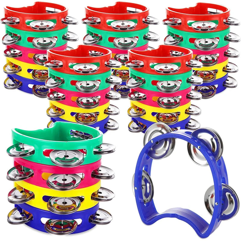 Un set de panderos de mano coloridos para niños en varios colores y formas.