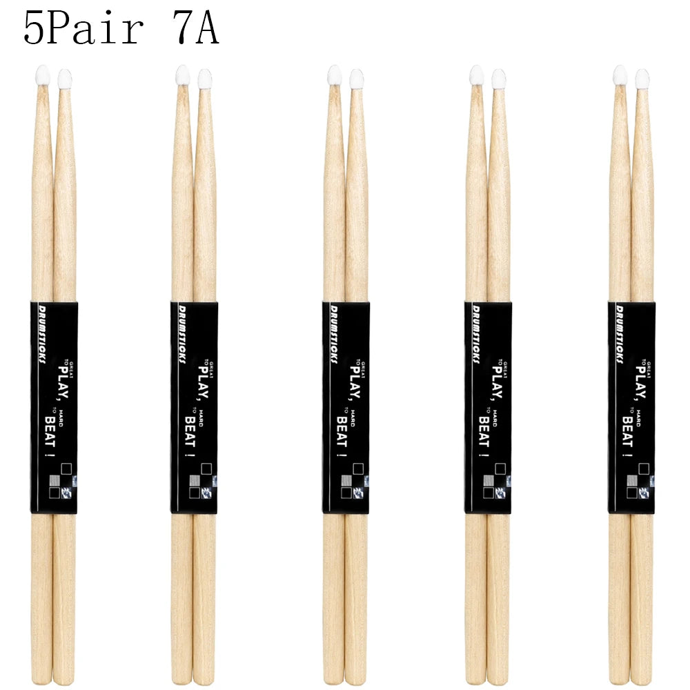 A set of five pairs of maple wood drumsticks with nylon tips labeled 5Pair 7A