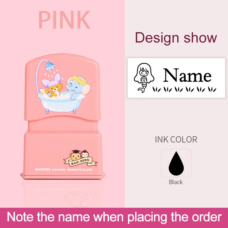 Pink waterproof labeling stamp featuring a bathtub design for custom kids names