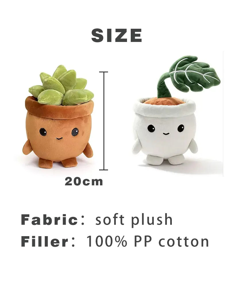 A soft plush toy of a succulent plant in a terracotta pot with green leaves and a small face.