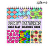 A colorful coloring book featuring comfy patterns including geometric shapes, hearts, and flowers.