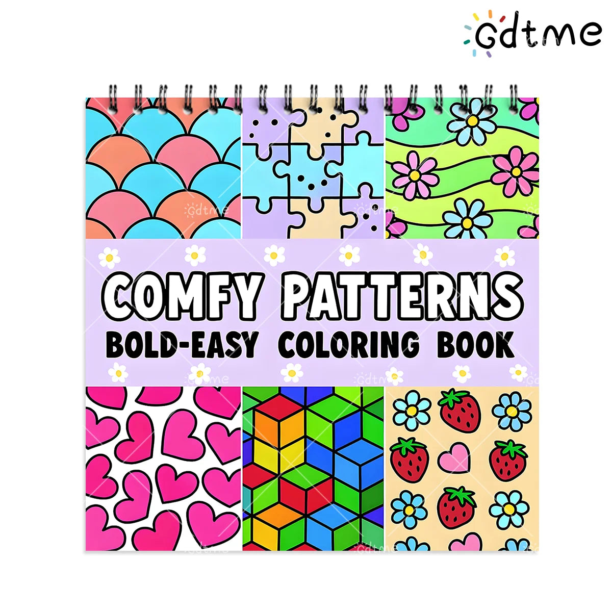 A colorful coloring book featuring comfy patterns including geometric shapes, hearts, and flowers.