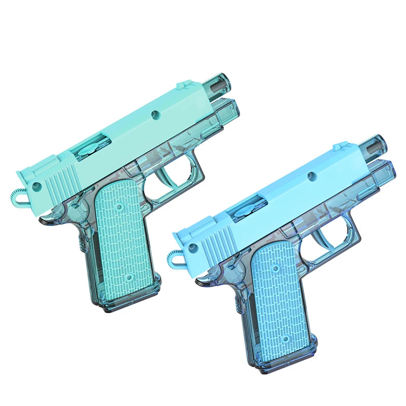 A light blue plastic pistol water gun with a textured grip and barrel, shown from the side.