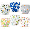 A pack of reusable cotton potty training pants for toddlers featuring various animal and colorful patterns.