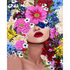 A woman's face is painted with vibrant flowers and leaves in a paint by numbers style.