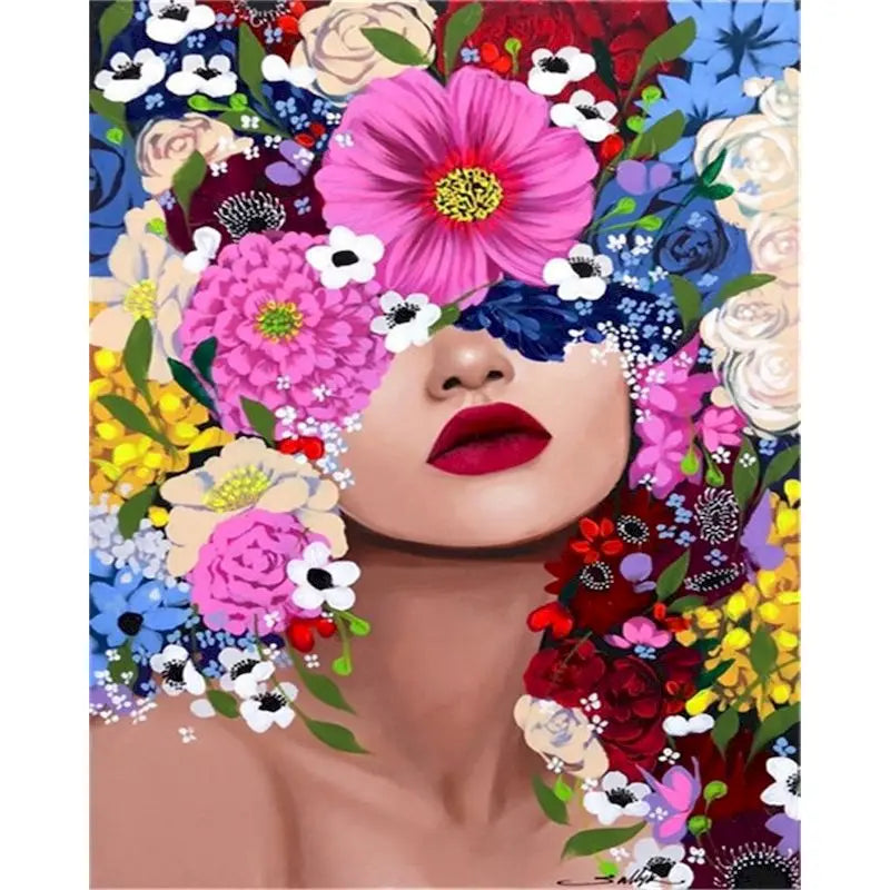 A woman's face is painted with vibrant flowers and leaves in a paint by numbers style.
