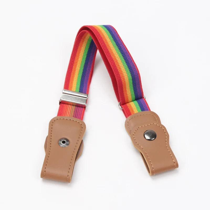 A colorful striped canvas belt with an elastic stretch and a leather buckle.