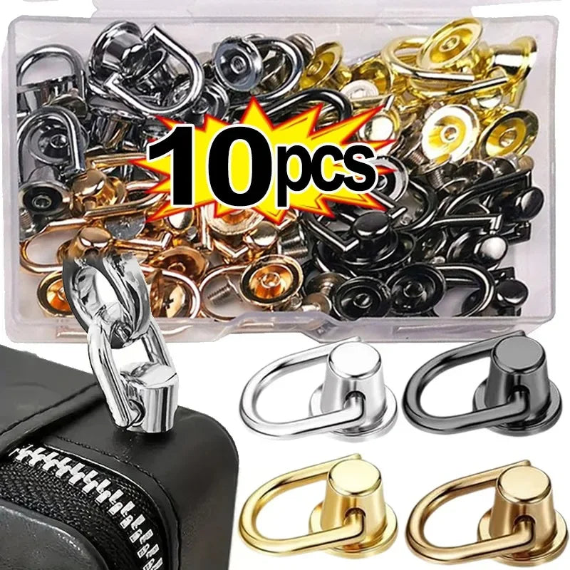 A collection of vintage metal D-ring buckle clips and hardware for bags and straps.