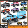 A collection of various YPRC Mini 1/64 RC monster trucks and off-road cars in different colors and configurations.