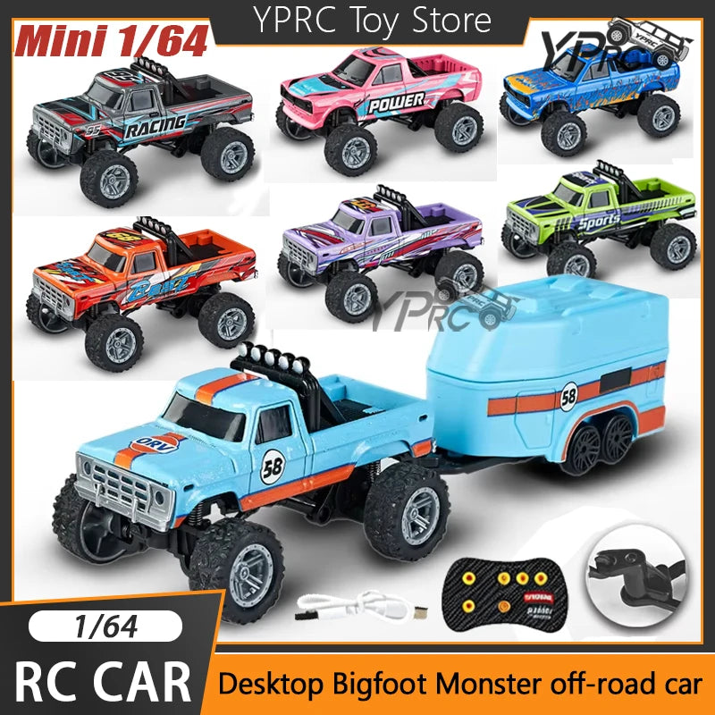 A collection of various YPRC Mini 1/64 RC monster trucks and off-road cars in different colors and configurations.