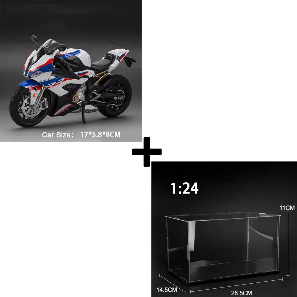 1:24 scale diecast sport motorcycle model with sound and light effects shown next to a display box.
