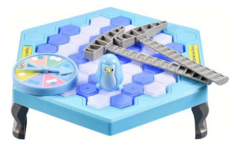 A blue hexagonal game board with wooden pieces and a small blue penguin figure for a family party game