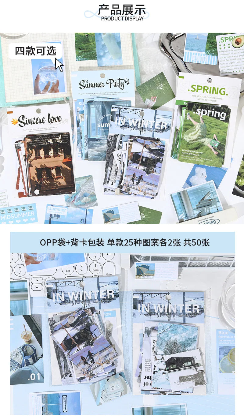 A display of a 50-piece four seasons scenery sticker variety pack featuring various nature and seasonal images.