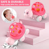A pink rubber rattle toy set featuring a push and go car and an accompanying soft ball, shown next to a baby.