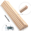A bundle of natural hardwood square dowels showing various sizes and a measurement tool.