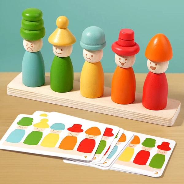 A set of wooden color sorting and matching toys for toddlers, featuring stacked figures in various colors.