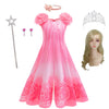 Pink princess ball gown dress with pink ruffles and a matching crown and wand