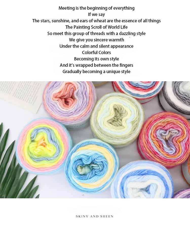 A collection of colorful gradient rainbow yarn balls for knitting and crochet